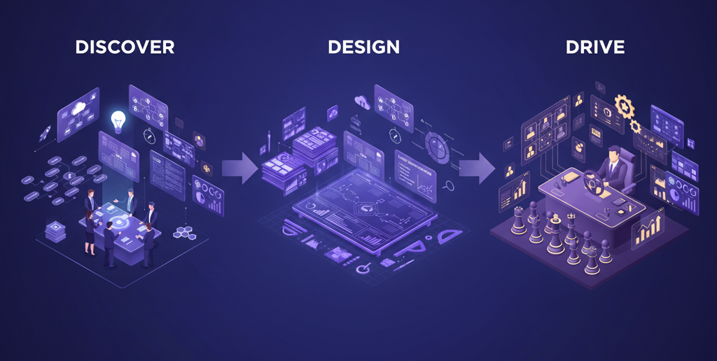 Torque Vision Overview - Complete strategic advisory journey showing Discover, Design, and Drive phases